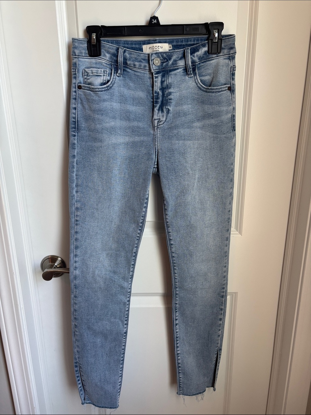 Hidden Light Wash Skinny Jeans with Split Hem- Light Blue